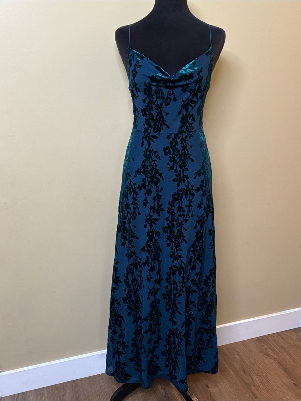 Vintage Trixxi Teal velvet Maxi Slip Dress with Floral Burnout
